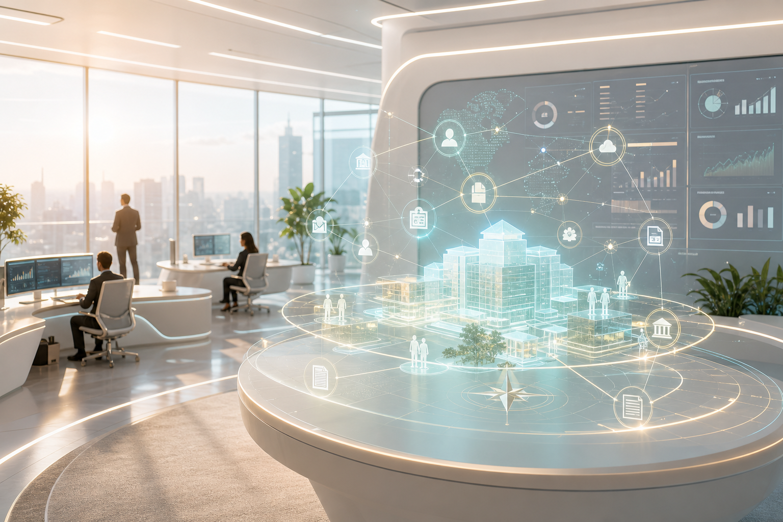 Ambiente empresarial futurista com digital twin, indicadores e processos conectados pelo ECOS.